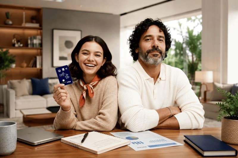 Imagem de um pai e uma filha com o cartão do banco