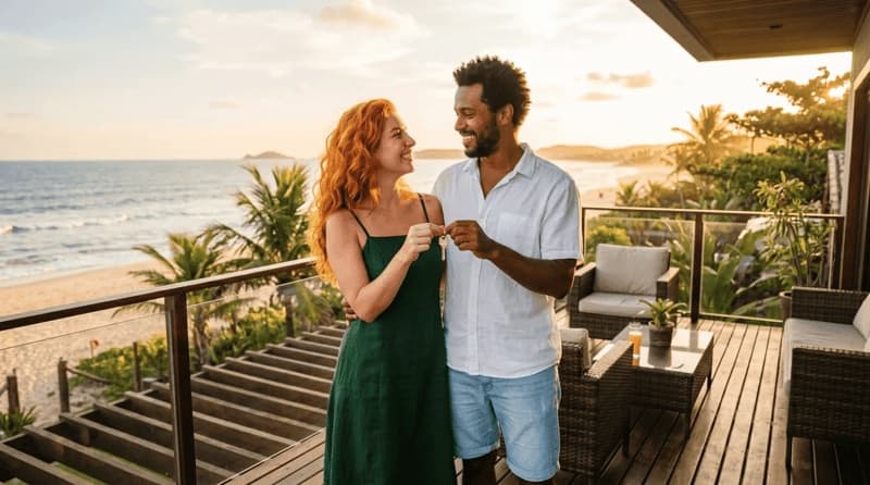 Imagem de um casal em um imóvel na praia