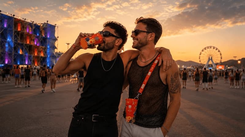 Imagem de dois homens curtindo o Rock in Rio com o copo Itaú