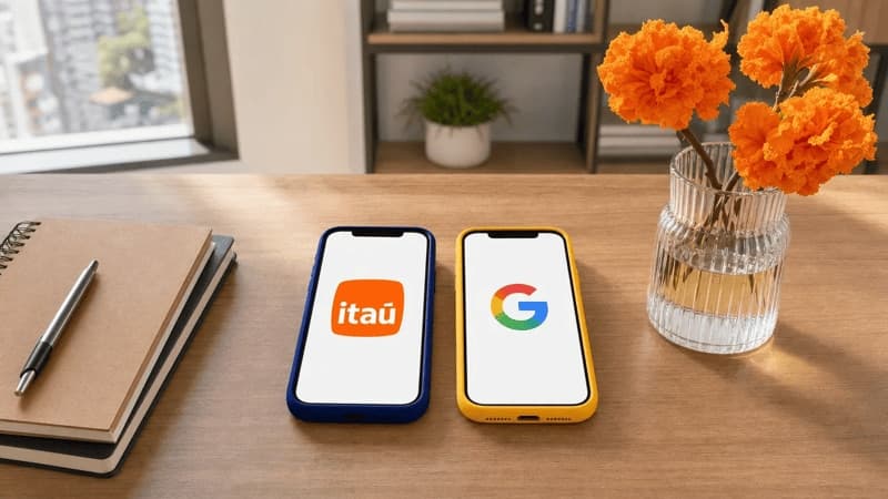 Imagem de celulares com os logos do Itaú e do Google