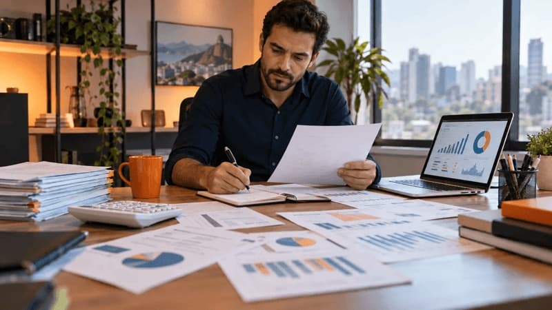 Empreendedor analisando gráficos em um escritório