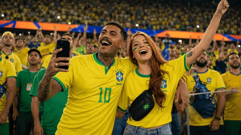 Imagem de casal torcendo em um estádio de futebol