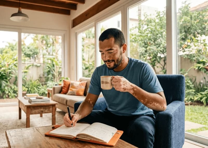 Imagem de homem tomando café enquanto analisa documentos