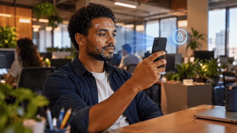 Imagem de homem fazendo reconhecimento facial com o celular