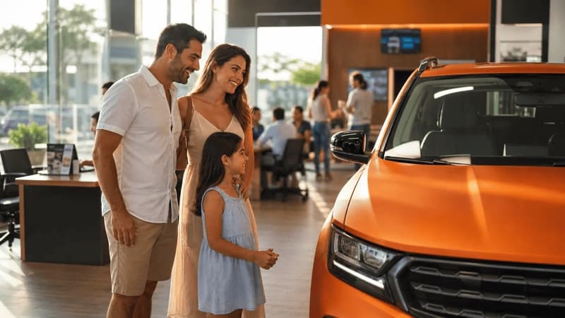 Imagem de uma família escolhendo um carro em uma loja