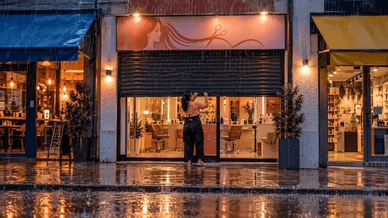 Imagem de uma mulher na frente de um estabelecimento em dia de chuva
