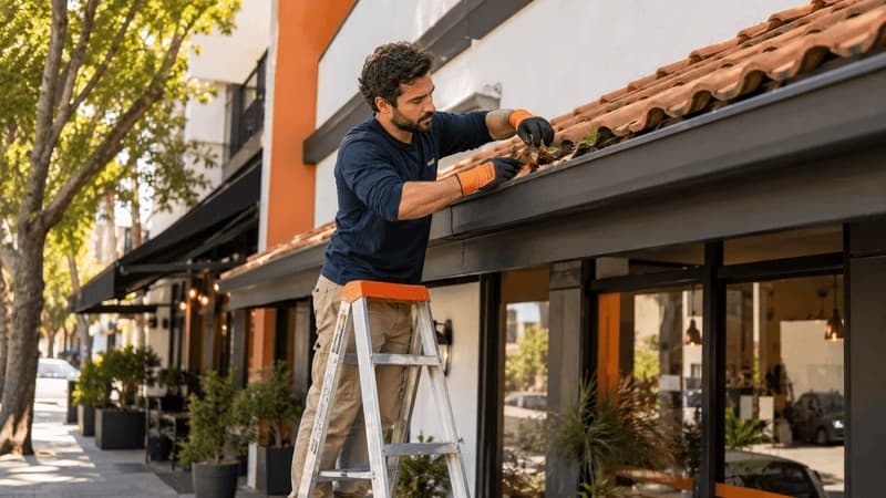 Imagem de homem fazendo reparos na fachada de um estabelecimento comercial