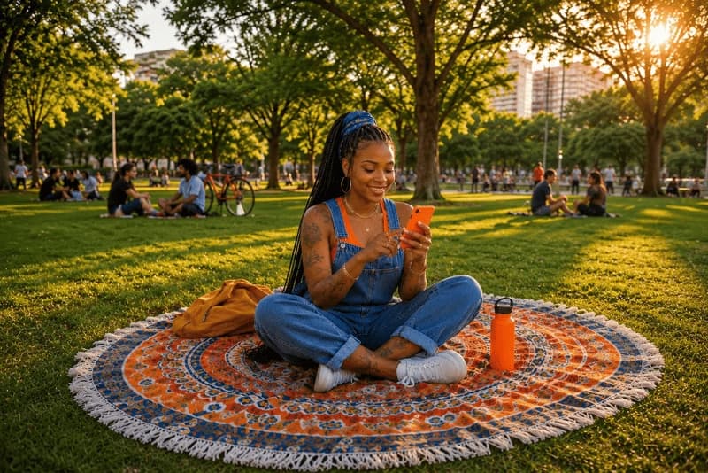Imagem de mulher sentada em um parque mexendo no celular