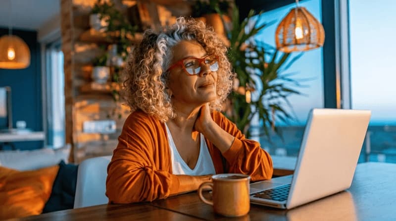 Imagem de mulher olhando para o horizonte em frente a um computador